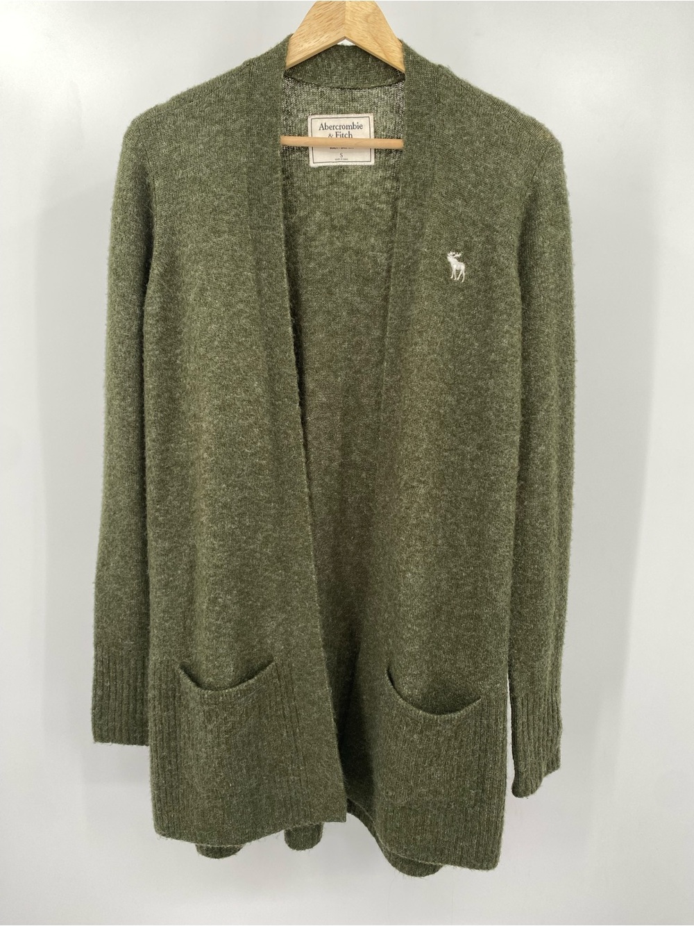 Abercrombie & Fitch Olive Open Cardigan Moose Logo Wool and Rabbit Hair Blend S
